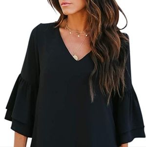 Belongsci brand V-neck bell sleeve shift mini dress